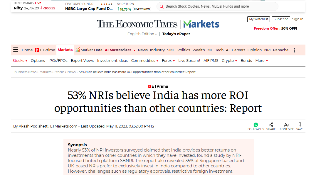 Over 53% of NRIs believe that investing in India delivers better returns compared to investments in other countries